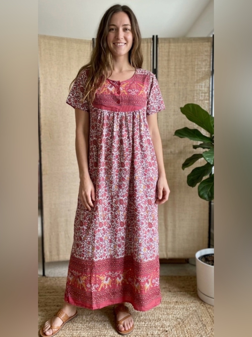 Vintage Daffodil boho floral knee length dress pinkish-red white India cotton M